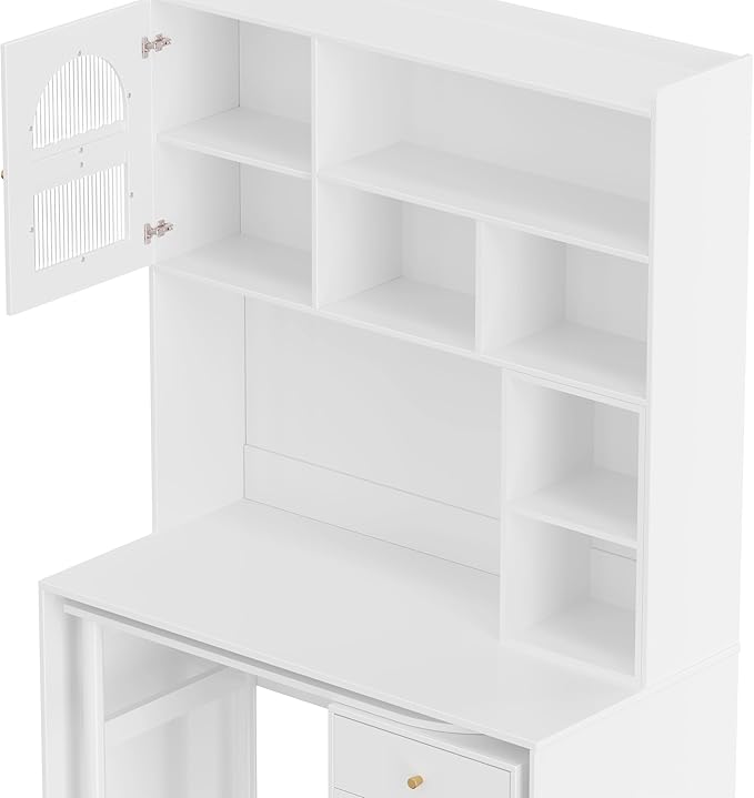 Merax Computer Desk with 90 Degree Rotating Desktop L Shaped Office Desk with Storage Drawer and Cabinets Writing Desk with Shelves for Study Work Desk for Office Bedroom Living Room White