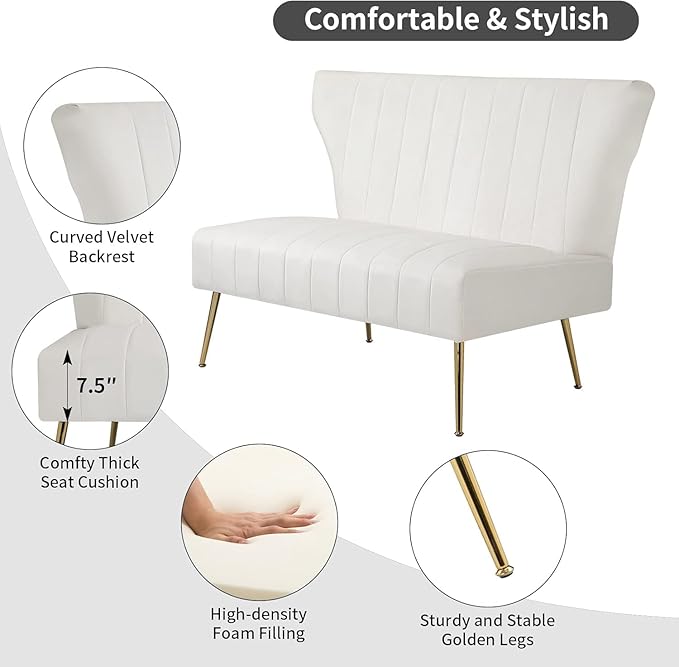 50’’ Velvet Modern Armless Loveseat for Living Room Bedroom Upholstered Small Wingback Couch Sofa with Gold Metal Legs &amp 2 Seater (White 50 Loveseat)