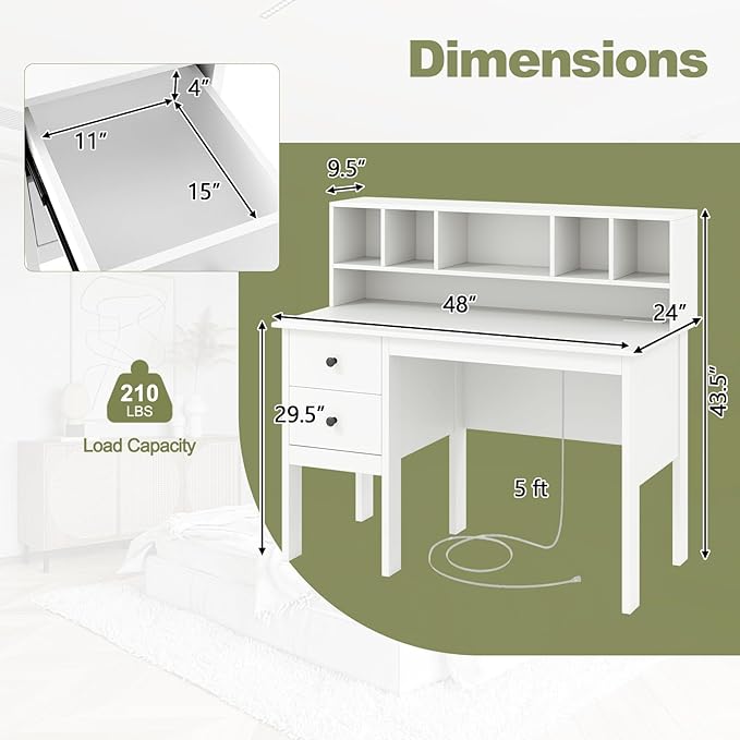 Giantex White Desk with Drawers &amp Hutch Home Office Desk with Charging Station 5 Storage Cubbies Makeup Vanity Table Modern Study Writing Desk PC Laptop Desks Computer Workstation for Bedroo