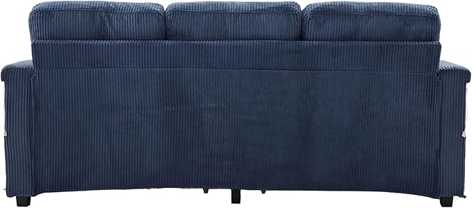 76.8 L-Shaped Sleeper Sofa with Storage Ottoman USB Ports Cup Holders&ampLED Lights Side Pockets Comfy Corduroy Modern 3-Seater Small Couch Bed for Living Room with 2 Throw Pillows (Blue)