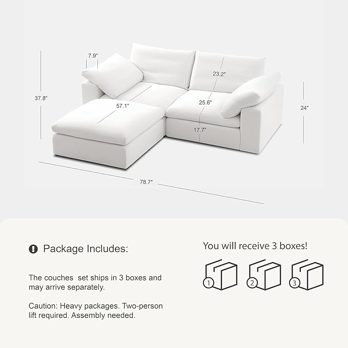 Modular Sectional Cloud Sofa for Living Room 78.7 Loveseat Sofa with Storage Ottoman Wide Armrest Comfy Cloud Couch Deep Seat Modern Oversized Couches for Apartment(White1 Ottoman)
