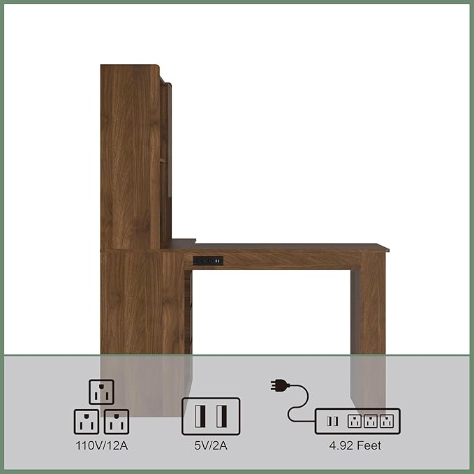 Executive Computer Desk L-Shaped Student Home Bedroom Table Modern Corner Work Writing Desk with LED Light and Storage Drawers and Bookshelf for Bedroom Wood