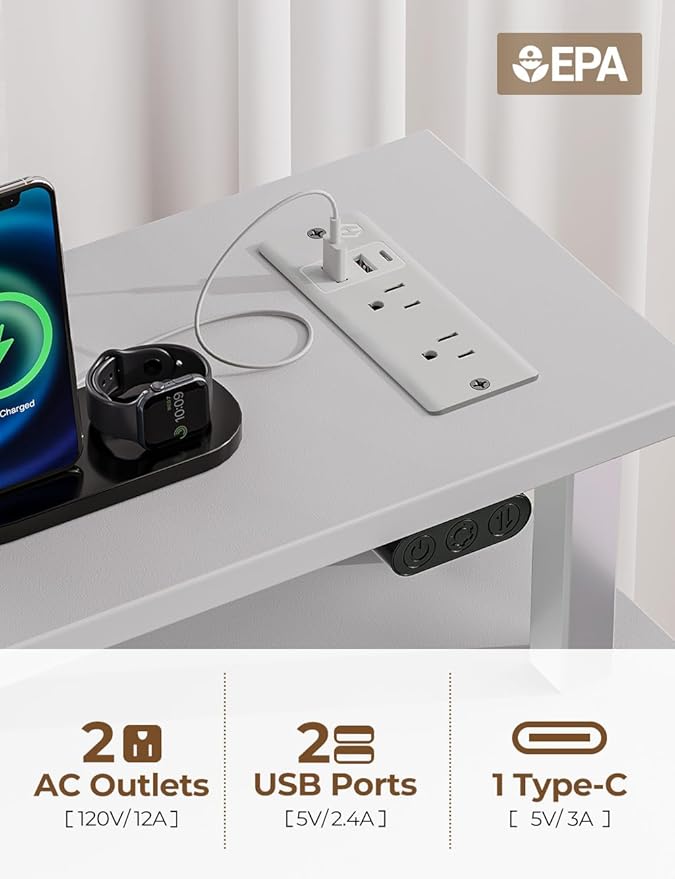 Seventable Computer Desk with Power Outlets &amp LED Light 55 inch Home Office Desk with 5 Drawers Writing Desk with Monitor Stand Work Desk for Home Office White