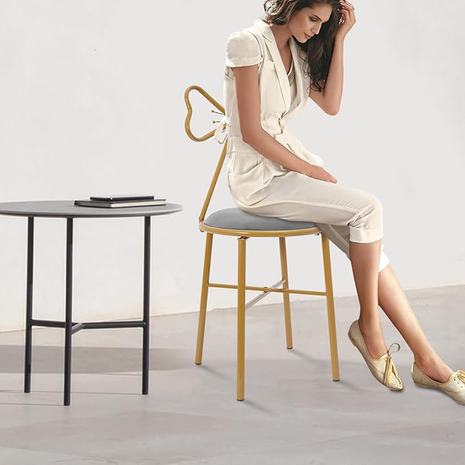 Modern Vanity Chair StoolCute Makeup Chair w/Butterfly BackrestGirl's Stool Ottoman BenchMetal Bench Legs Gold Dining ChairBow Knot Design Seat for Bedroom Living Room (Grey Velvet)