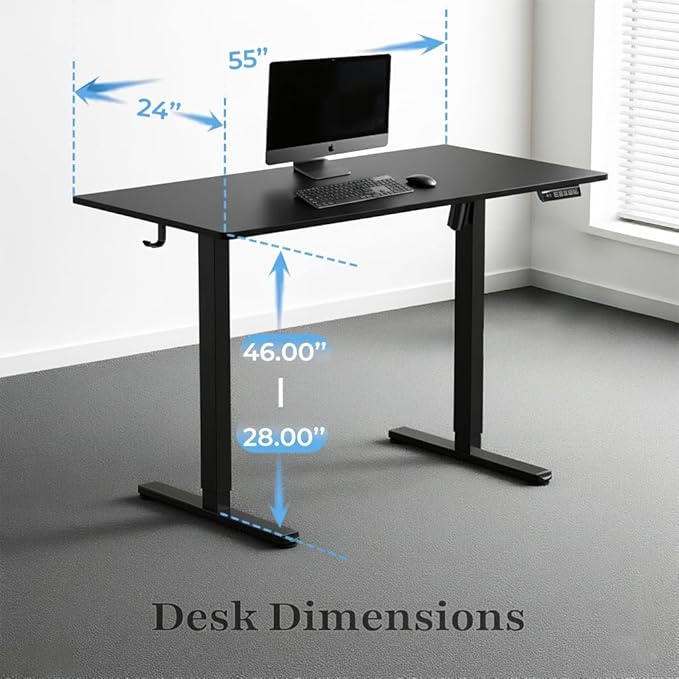 NSY Audio Electric Standing Desk 55x24 Inches - Height Adjustable Whisper Quiet Motor Walnut Top &amp Black Frame for Home Office Gaming Focused Work Black