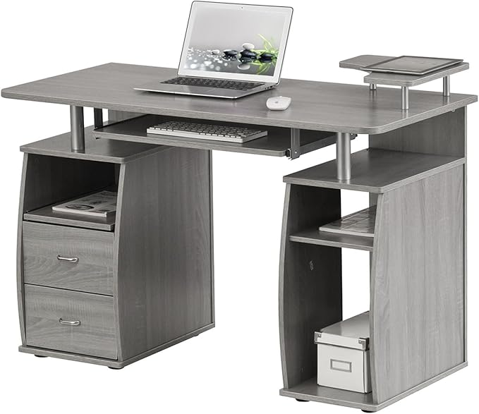 Computer Workstation Desk with Shelf &amp Drawers - Gray Home Office Desk