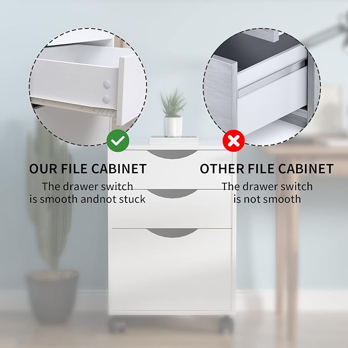 QDSSDECO 3 Drawer Mobile File Cabinet Rolling Vertical Filing Cabinet fits A4 Legal Paper and Letter Paper for Home Office White