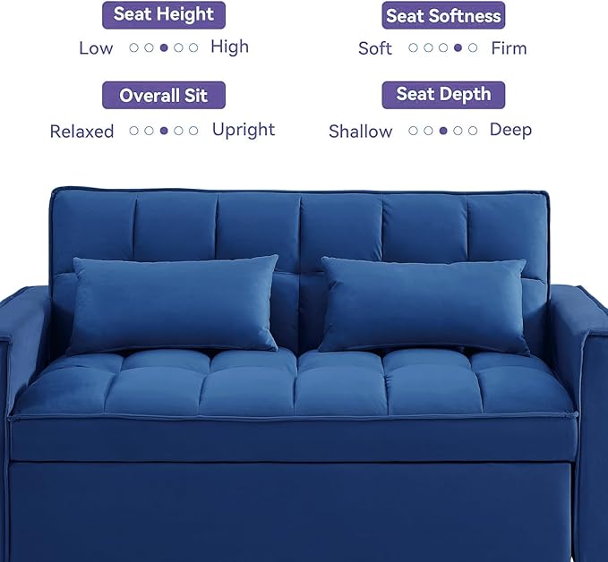 3 in 1 Convertible Sleeper Sofa Futon BedModern Velvet Pull Out Couch Bed with Reclining Backrest&amp2 Pillows54 Full Size Small Love Seat Lounge Couches for Small SpacesLiving Room (Dark Blue)