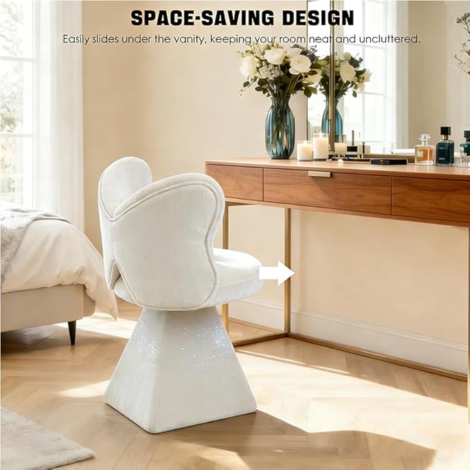 KEIKI 360° Swivel Accent Sofa Chair Armless Chenille Vanity Chair Upholstered Single Sofa for Living Room Bedroom or Vanity White