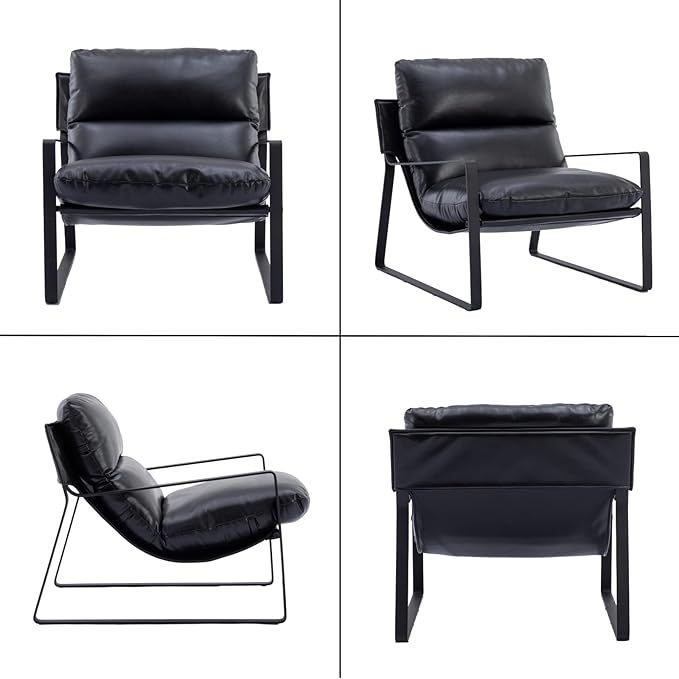 HEAH-YO Modern Accent Chair Set of 1 PU Faux Leather Living Room Chair with Removable Cushion and Solid Metal Frame Comfy Reading Chair for Bedroom Black