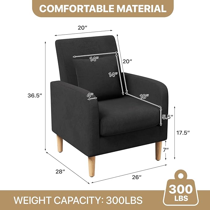 MoNiBloom Accent Chair with Back Pillow Upholstered Club Arm Chair Modern Living Room Chair with Wooden Legs for Bedroom Corner Living Room Reading Nook Black