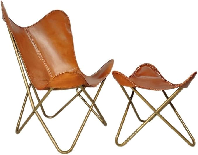 Genuine Brown Leather Butterfly Chair with Foldable Ottoman | Handmade Lounge Relax Arm Chair | Indoor/Outdoor Comfortable Arm Chair with Footrest Foot Stool