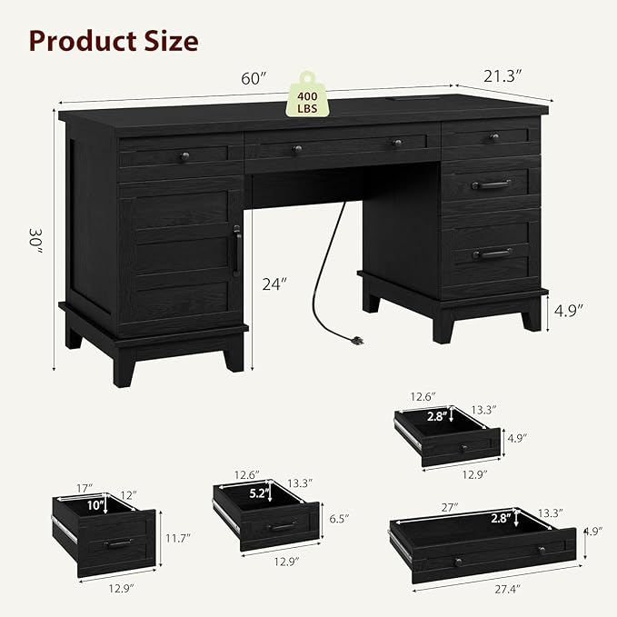 60 Inch Farmhouse Computer Desk with Charging Station &amp File Cabinet Wooden Office Desk with Power Outlets USB Ports and Ample Storage Drawers for Home Workspace Executive Writing Table.