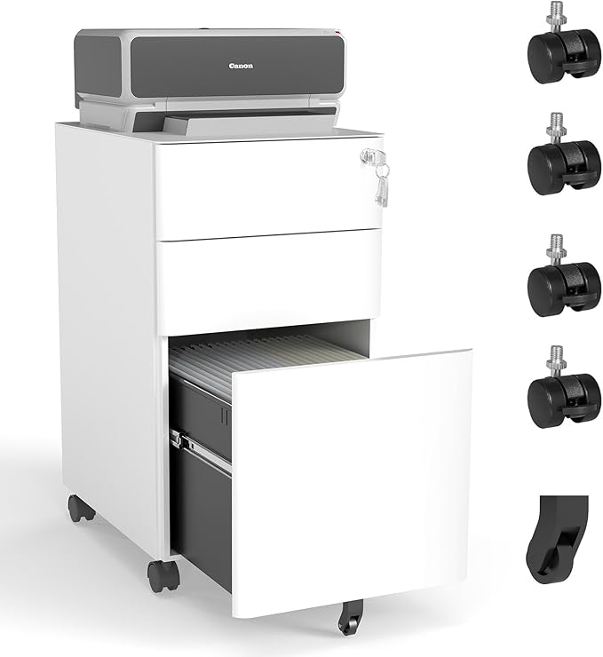 Metal 3 Drawer File Cabinet with Lock on Wheels Locking Filing Cabinet with Key for Home Office Rolling Filing Cabinets with Wheels All-Steel Metal 110 LBS Capacity (3 Drawer White)
