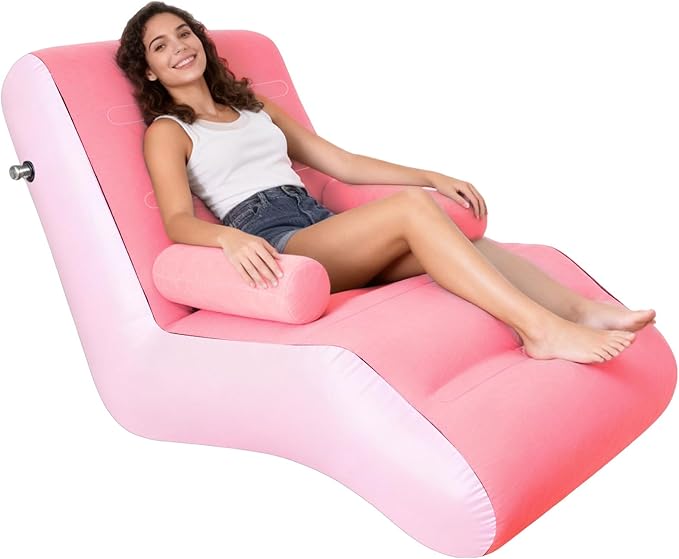 Inflatable Indoor Living Room Chair Lounge with Handrails Inflatable Foldable Deck Chair with Air Pump Outdoor Travel Camping Picnic Beach Chaise Lounges(Pink)