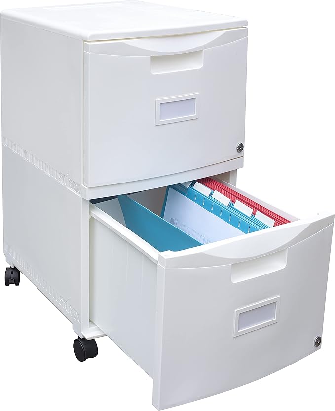 Storex Plastic Two-Drawer Mobile Pedestal File Cabinet – Locking Document Organizer with Casters for Home and Office White 1-Pack (61316A01C)