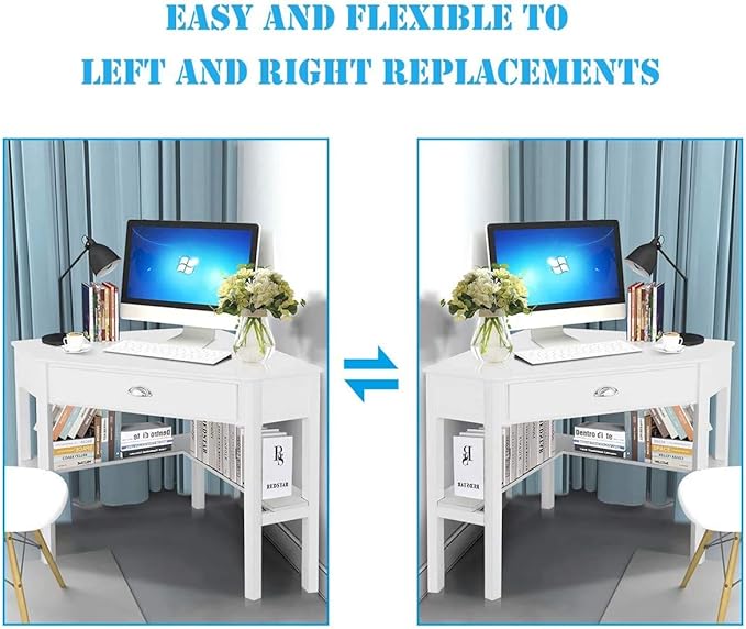 LDAILY White Corner Desk Triangle Makeup Vanity Desk for Small Space Compact Writing Desk with Storage Shelves &amp Drawer Space Saving Corner Computer Desk for Bedroom Home Office