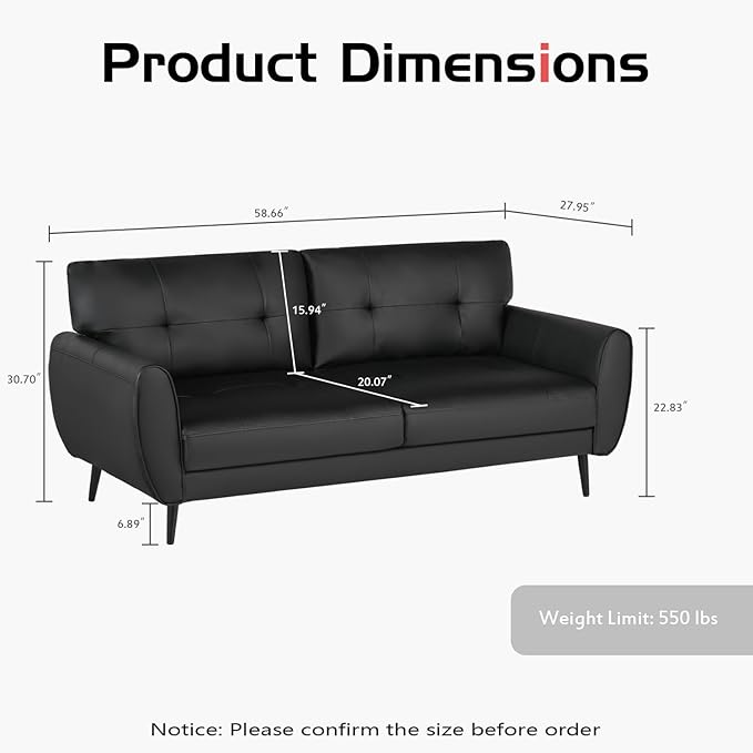 60 Loveseat Sofa for Living Room Mid Century Mini Black Couch Tufted Leather Love Seat Furniture Comfy Office 2 Seat Small Couches for Small Spaces Bedroom Apartment