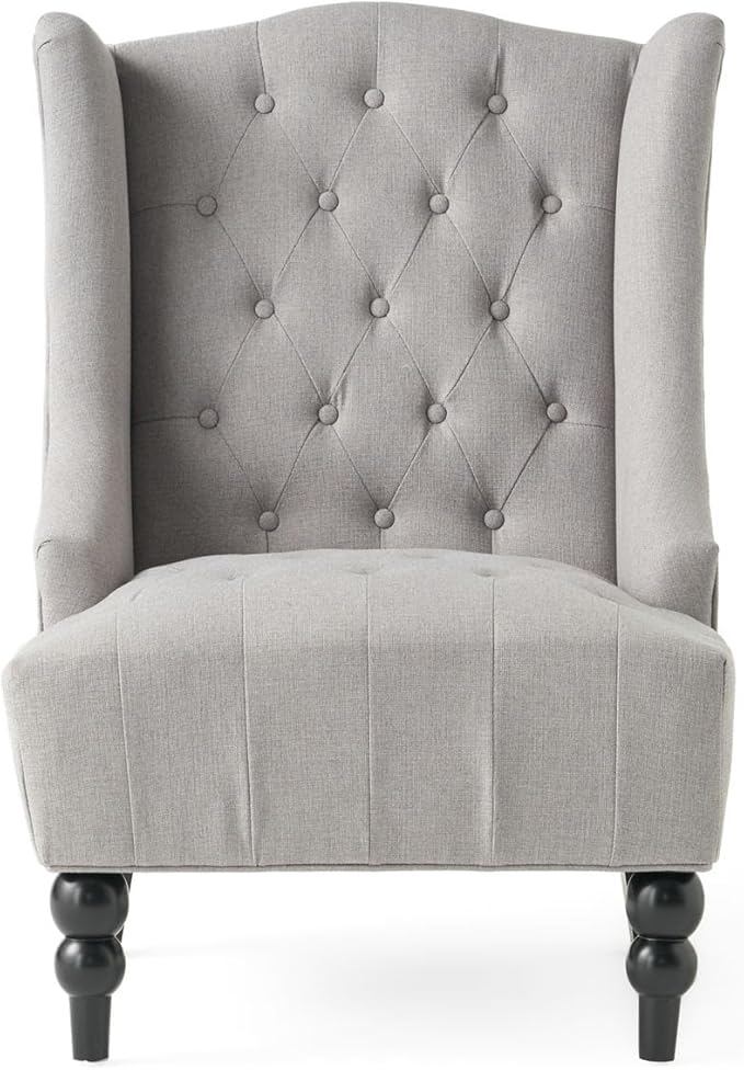 High-Back Velvet Wingback Chair Navy Blue Accent Chair with Button-Tufted Design &amp Birch Wood Legs 27.5”W x 33.75”D Upholstered Club Chair for Living Room Victorian (Fabric Gray)