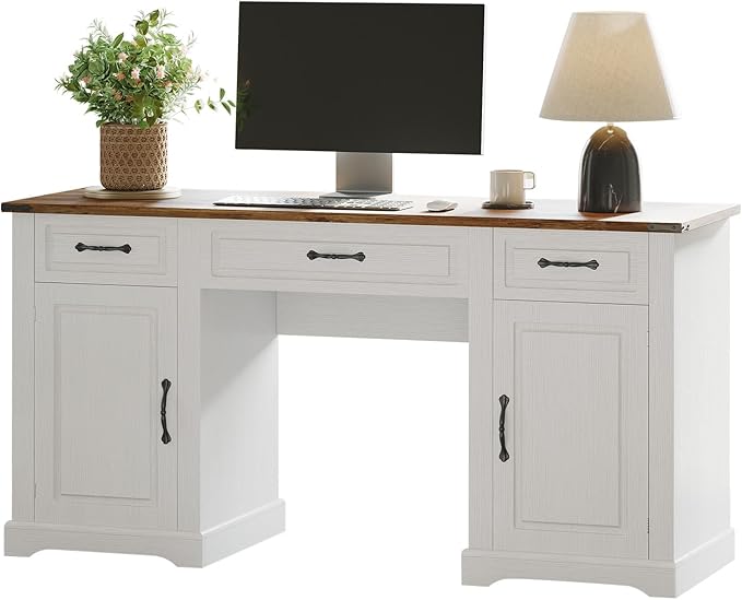 IDEALHOUSE 60 Farmhouse Executive Desk with Drawers Wood Home Office Desk with Storage Cabinet Rustic Computer Writing Desks for Home Study Work Antique White
