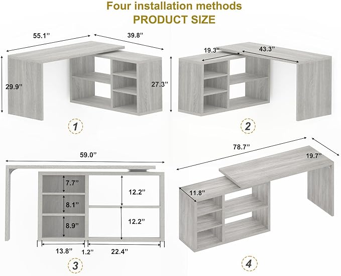 HSH Gray L Shaped Corner Desk with Storage Shelves Reversible L Shape Computer Desk with Storage Cabinet Adjustable Corner Home Office Desk for PC Executive Writing Study Work Light Grey 55 Inch