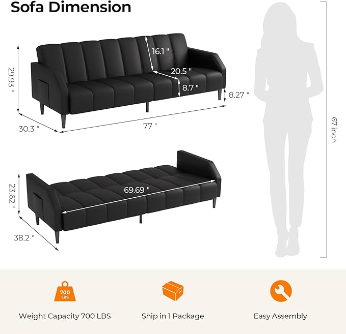 Fadware Faux Leather Couch Convertible Futon Sofa Bed with Adjustable Backrest Mid Century Leather Sofa Loveseat with Side Pockets&amp Metal Leg Modern Leather Sleeper Sofa for Living Room Bedroom