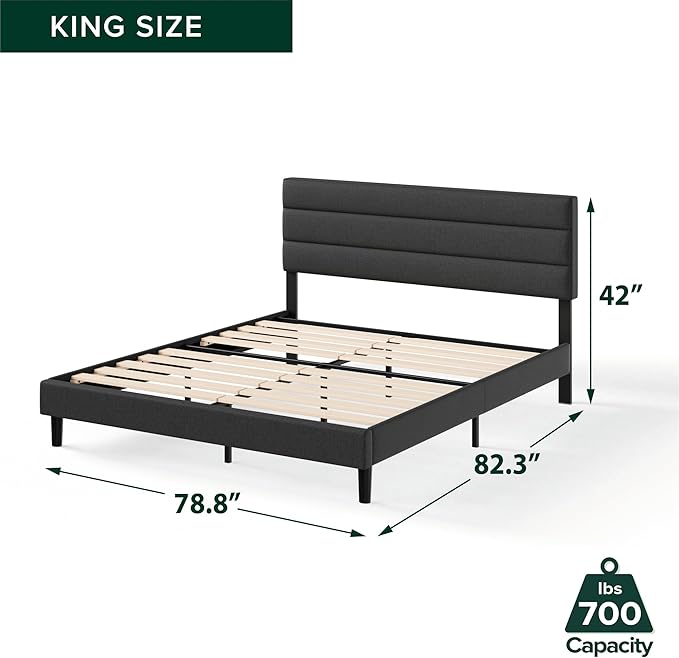 Zinus King Piper Upholstered Platform Bed with Horizontal Paneled Headboard Wooden Slat Support No Box Spring Needed Easy Assembly Eco Friendly Packaging Dark Grey