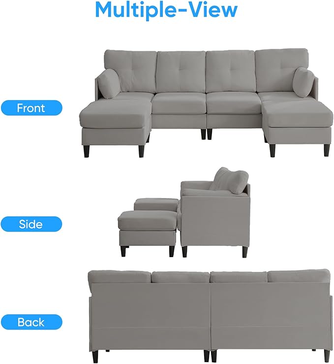 PUREMIND Sectional Home Sofa Living Room Modern U-Shaped Sofa Couches with Double Chaise Upholstered 4 Seater Sofa for Living Room Apartment Light Grey