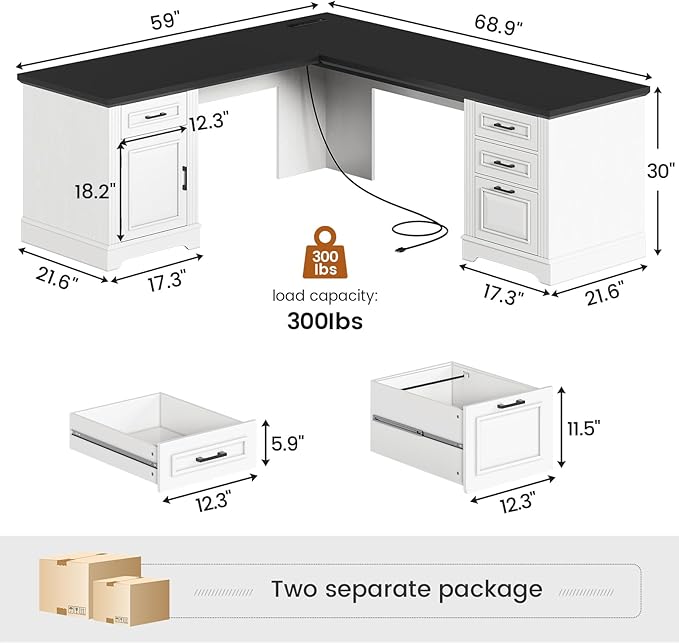 SEDETA Farmhouse 69 Executive L Shaped Desk Home Office Desk with Drawers and Storage Cabinet &amp Power Outlet Corner Computer Desk White