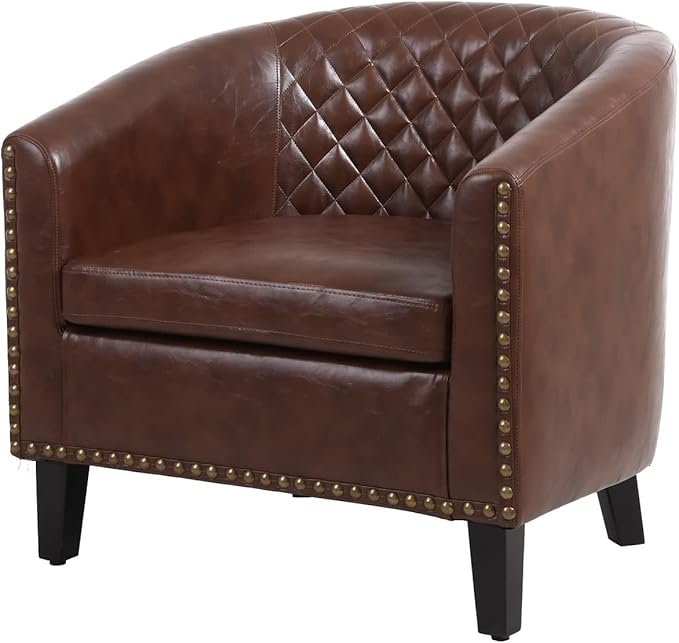 Accent Barrel Chair Living Room Chair with Nailheads and Solid Wood Legs Brown PU Leather