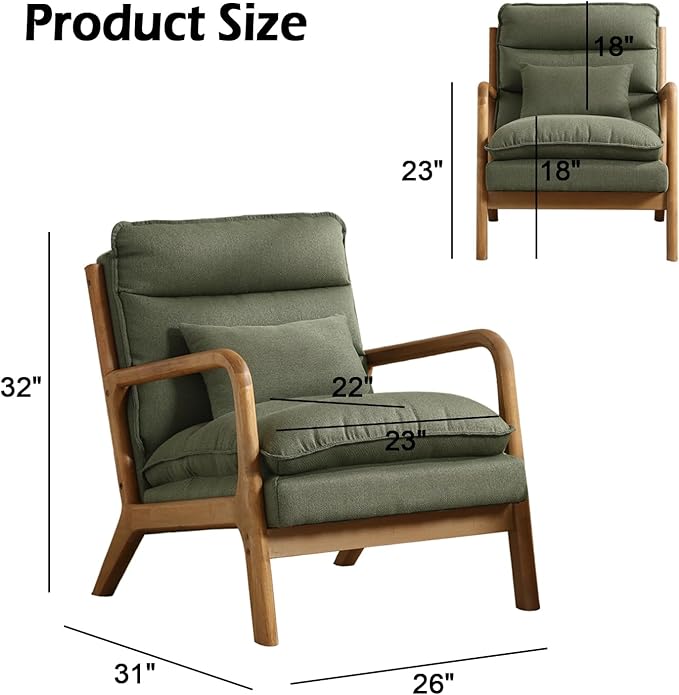 INZOY Mid Century Modern Accent Chair with Wood Frame Upholstered Reading Armchair with Waist Cushion Double Padded Accent Chair Side Chair for Living Room Bedroom Office Easy Assembly Green