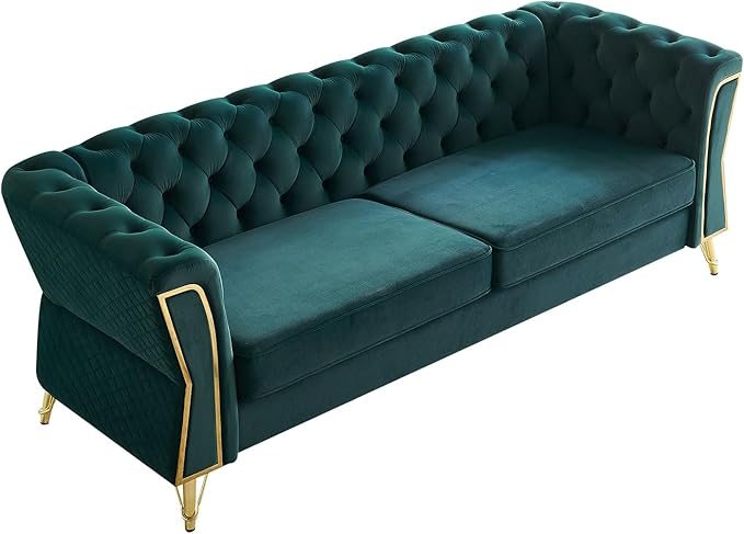 Modern Velvet Sofa Couch for Living Room 87.4 Inch Long Tufted Unique Upholstered Couch Oversized Sofa Decor Furniture with Golden Metal Legs (Green)