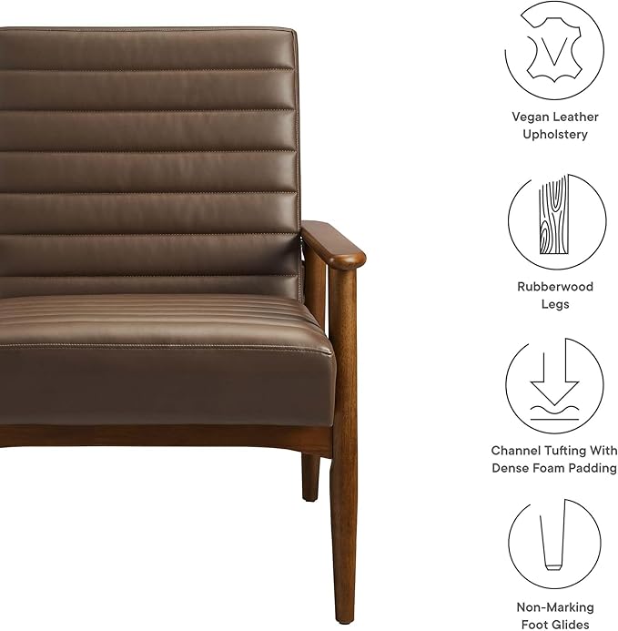 Modway Jensen Vegan Leather Accent Chair in Walnut Brown - Mid-Century Modern Armchair with Solid Wood Legs &amp Armrest - Upholstered Faux Leather Single Side Chair - Reading Chair for Living Room
