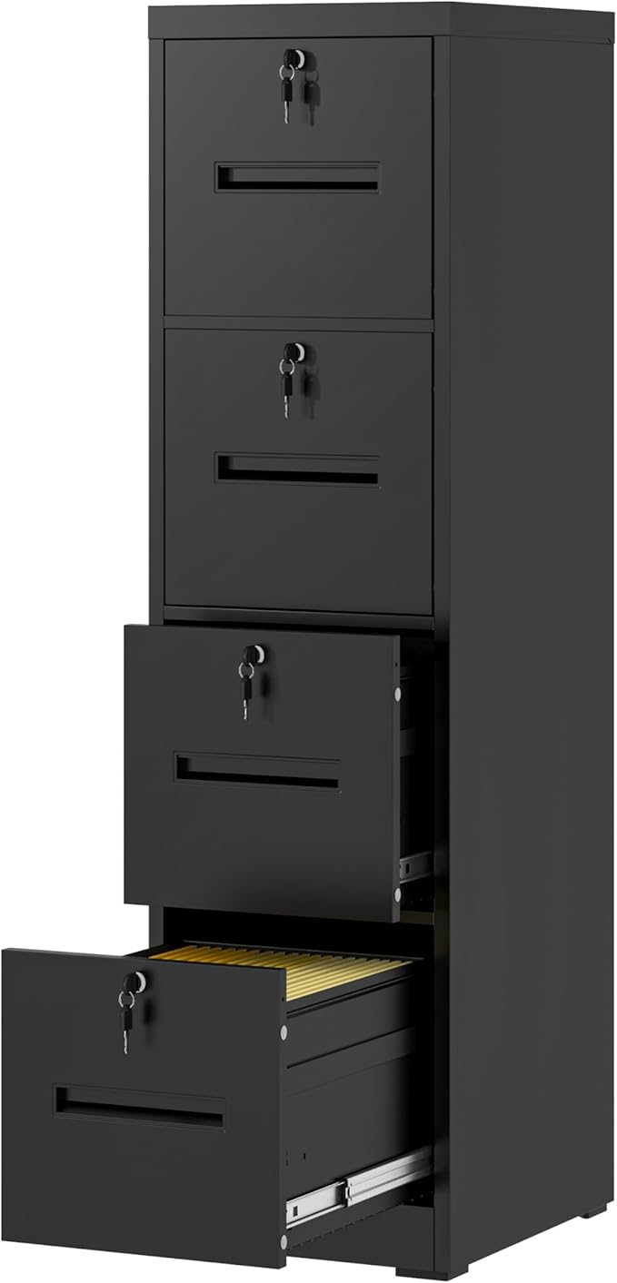 4 Drawer Metal Vertical File Cabinet with Lock for HomeOffice Under Desk Storage Small Filing Cabinet Organizer with Locking DrawersLetter/Legal/A4/F4 SizeAssemble RequiredBlack