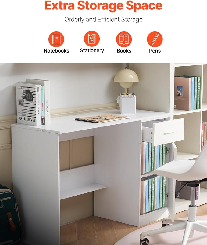 VEVOR Small Desk with Drawer Kids Desk for Bedroom Wooden Simple Study Table for Drawing Reading Writing Rectangle MDF Study Storage Table with Adjustable Shelf for Home Office White
