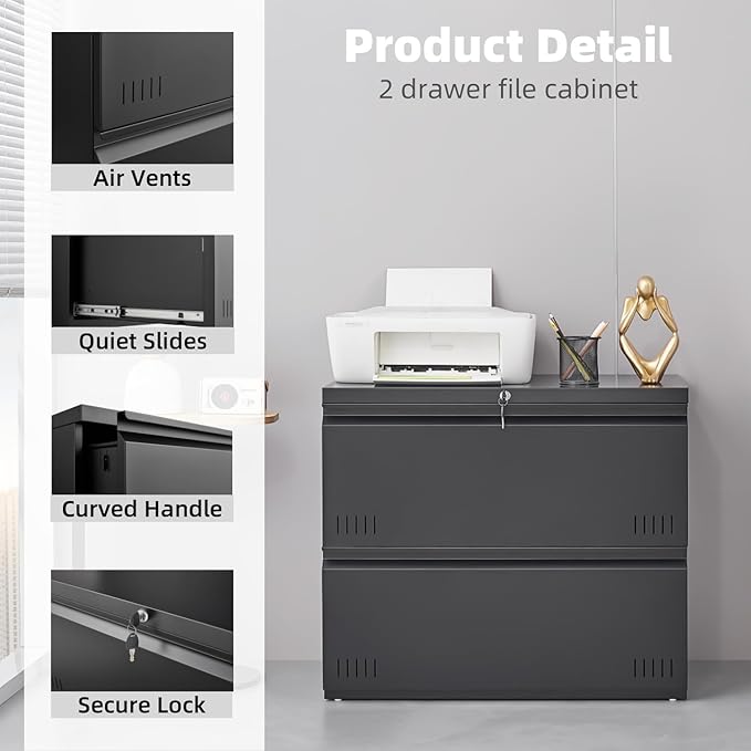 2 Drawer File Cabinet File Cabinets for Home Office Printer Stand File Cabinet with Lock Lateral Filing Cabinet for A4/Letter/Legal Size File Folders Assembly Required(Black)