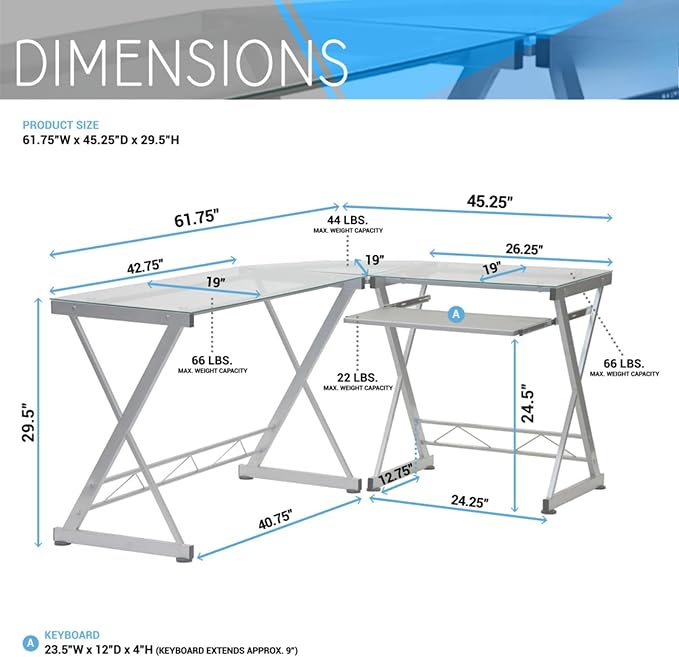 L-Shaped Writing Desk Computer Desk with Clear Tempered Glass Top Reversible Corner Design Pull-Out Keyboard Tray Scratch-Resistant Steel Frame for Home Office or Study
