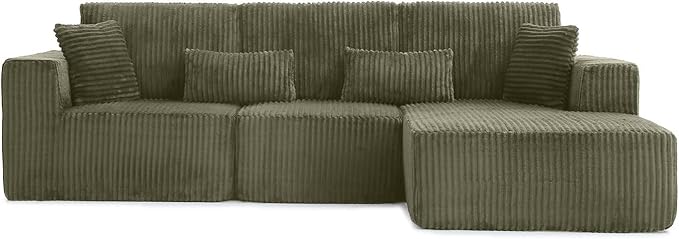 110 Cloud Couch Sectional L Shaped Boneless Couch Sectional Couches for Living Room Modern Comfy Corduroy Fluffy Modular Sofa with Deep Seat No Assembly (Green Right Facing Chaise)