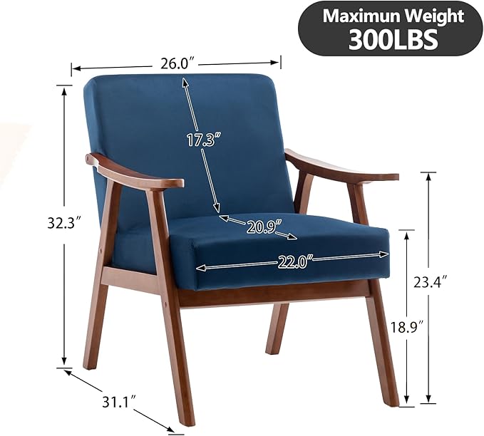 Fefances Mid-Century Modern Accent Chair - Solid Wood Frame Ultra-Thick Backrest Wingback Design Perfect for Bedroom &amp Indoor Lounge AreaBlue