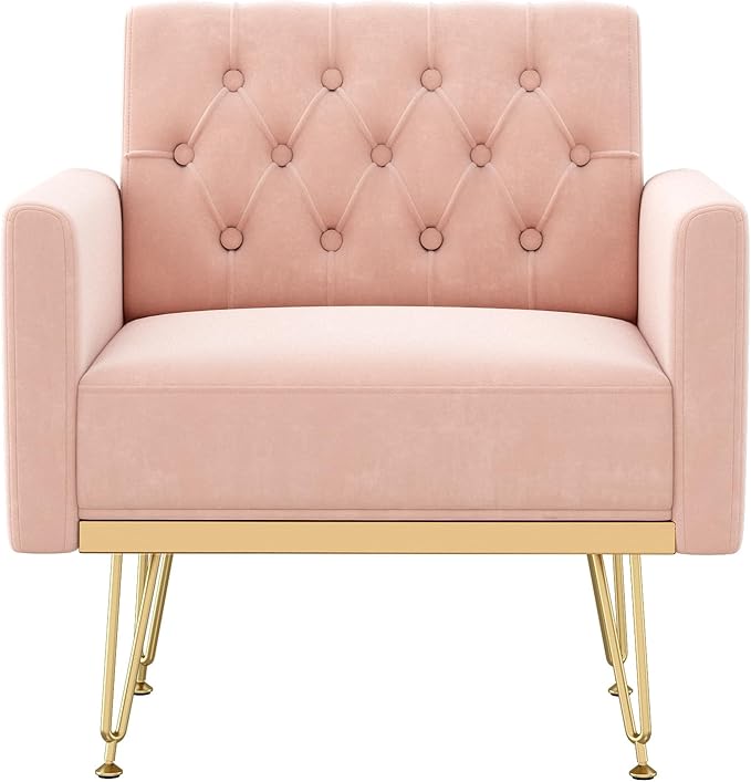 KEIKI Small Velvet Accent Chair 31 Inch Modern Tufted Upholstered Armchair with Metal Leg Comfortable Single Sofa Side Reading Chairs Comfy Arm Chair for Bedroom Living Room Easy Assembly Pink