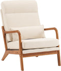 Mid-Century Modern Accent Chair with CushionHigh Back Solid Wood Armrest Chairs Backrest Linen Fabric Indoor Leisure Chair for Living RoomBedroomReadingBalcony (Beige)