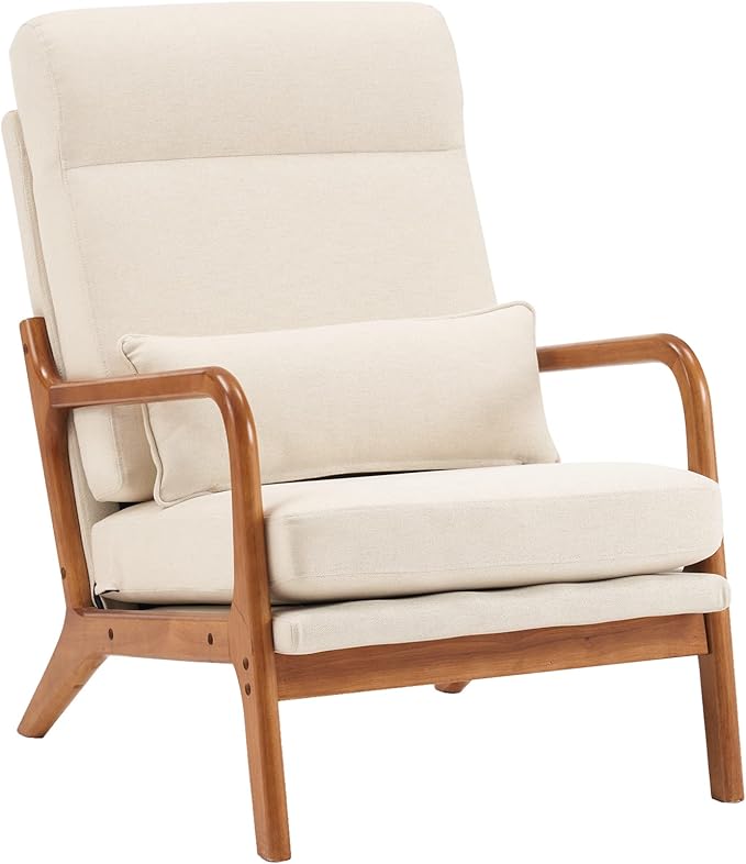 Mid-Century Modern Accent Chair with CushionHigh Back Solid Wood Armrest Chairs Backrest Linen Fabric Indoor Leisure Chair for Living RoomBedroomReadingBalcony (Beige)