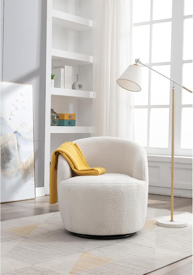 Teddy Fabric Swivel Accent Armchair Barrel Chair with Black Powder Coating Metal Ring Ivory White 360° Swivel Indoor Living Room Decor Durable Upholstered