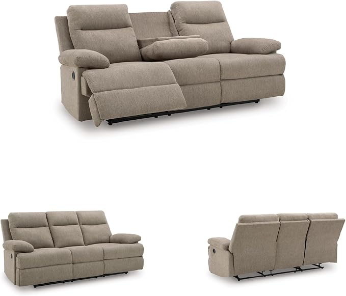 Signature Design by Ashley Yarrow Lane Classic Chenille Manual Pull Tab Reclining Sofa with Drop Down Table and USB Charging Light Brown