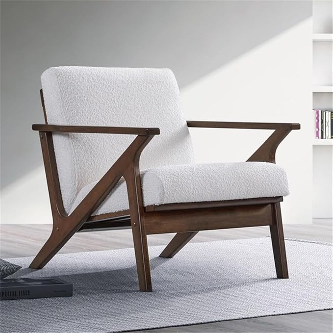 Zola Mid Century Modern Accent Chair Arm Chair: The Perfect Reading Living Room and Bedroom Chairs for Modern Home Furniture Use! Solid Wood Frame White Boucle/Walnut