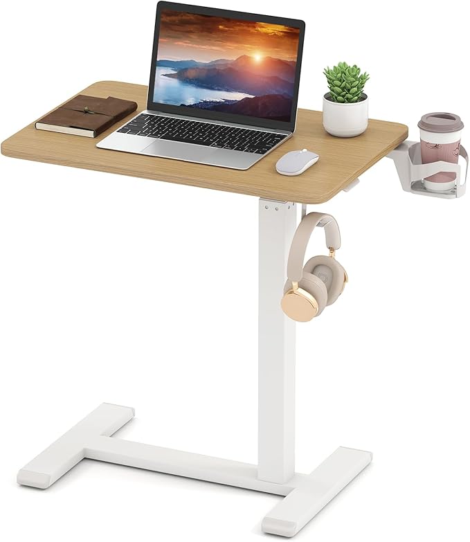 GOFLAME Rolling Standing Desk C Shaped End Table Adjustable Height with Hidden Wheels Cup Holder &amp Headphone Hook Mobile Sofa Couch Bed Side Table for Living Room Home Office (Natural)