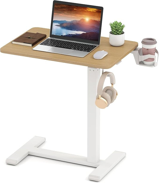 GOFLAME Rolling Standing Desk C Shaped End Table Adjustable Height with Hidden Wheels Cup Holder &amp Headphone Hook Mobile Sofa Couch Bed Side Table for Living Room Home Office (Natural)