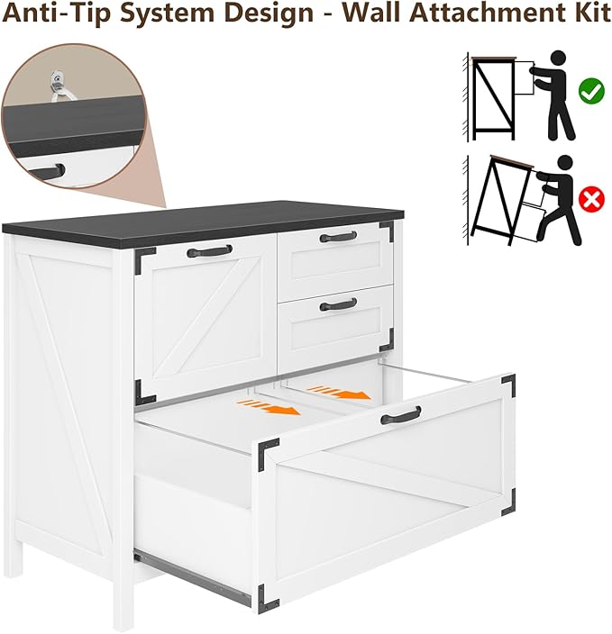 Lateral File Cabinet with 4 Drawers Farmhouse File Cabinet for Letter/Legal/A4 Size Hanging Files Large Wood File Storage Cabinets Printer Stand for Home Office Cabinet White and Black