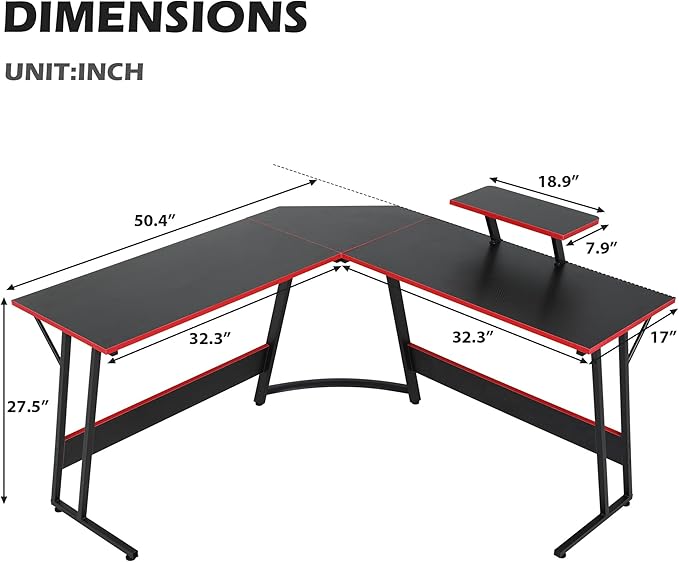 L Shaped Gaming Desk Modern Computer Desk Home Office Desks with Large Monitor Riser Stand Sturdy PC Desk for Bedroom Minimalist Black 50Inch