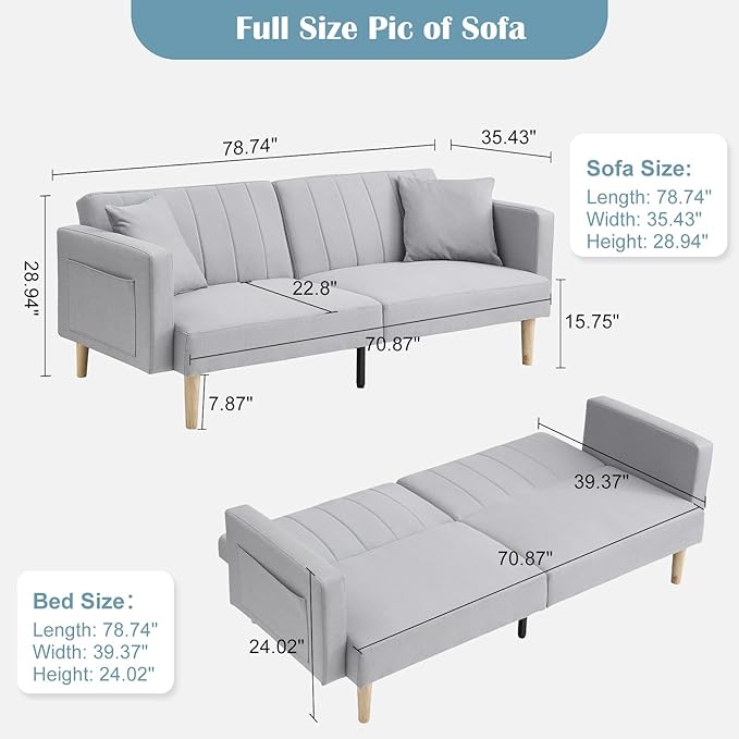 IDEALHOUSE 2024 New Futon Linen Sofa Bed - Compact and Stylish Sofa for Small Spaces - Foldable Double Sofa Furniture for Living Room Bedroom Dormitory - Linen